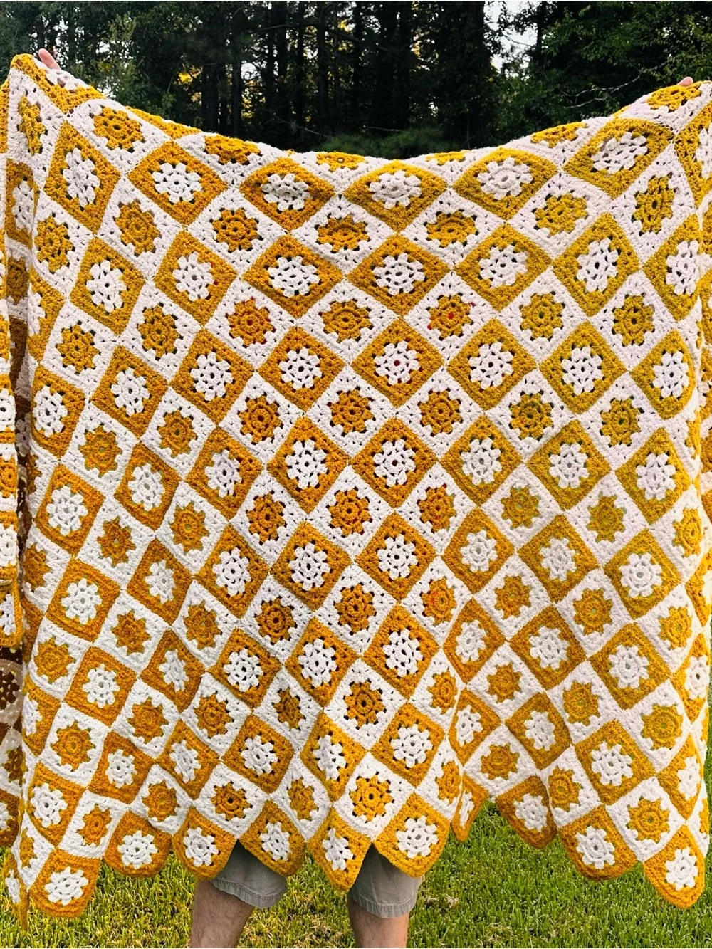Vintage Crochet Granny Square Afghan Blanket Marigold & Cream 7’x5’